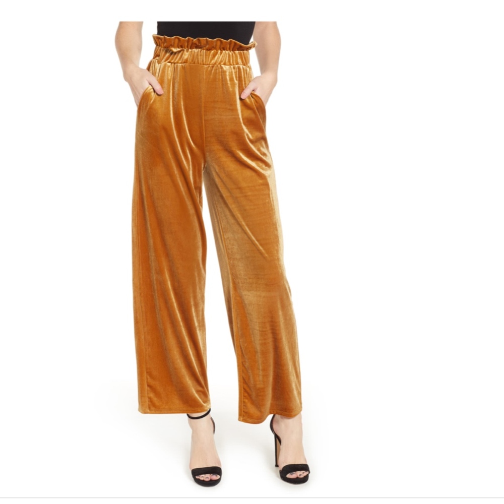 Holiday party! Velvet Wide-Leg Pants Ruffle Waist